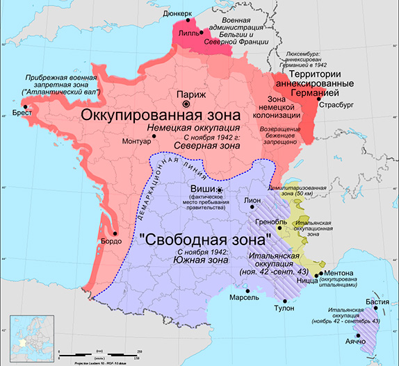 Карта оккупации Франции во время Второй мировой войны